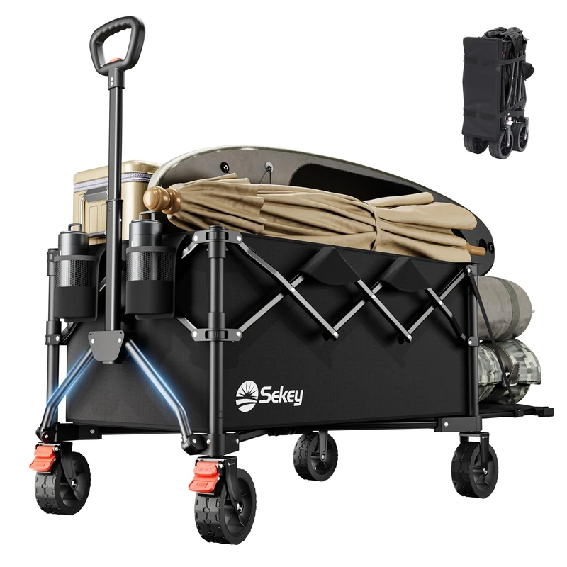 Sekey Handcart Foldable with Expandable Tailgate 250 L 150 kg, All Terrain Fishing Trolley, Foldable Handcart Foldable from Four Directions, Black