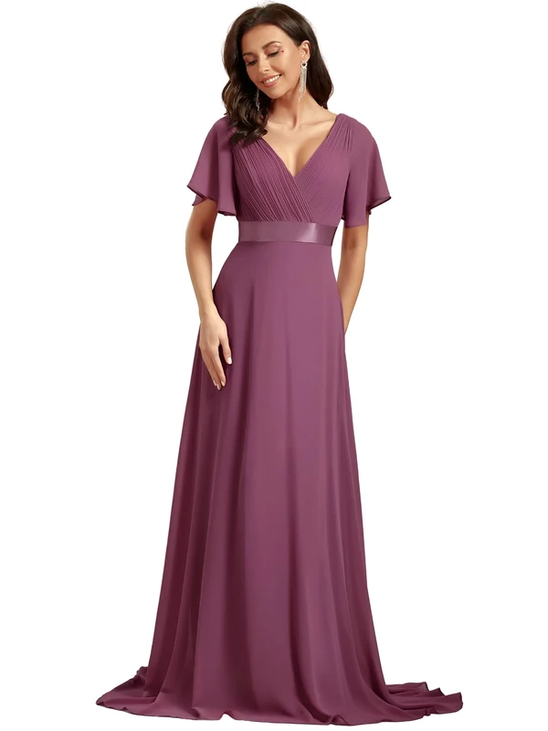 Ever-Pretty Women's Double V-Neck Short Flutter Sleeves Empire Waist Elegant Chiffon Long Evening Dresses Damson 14