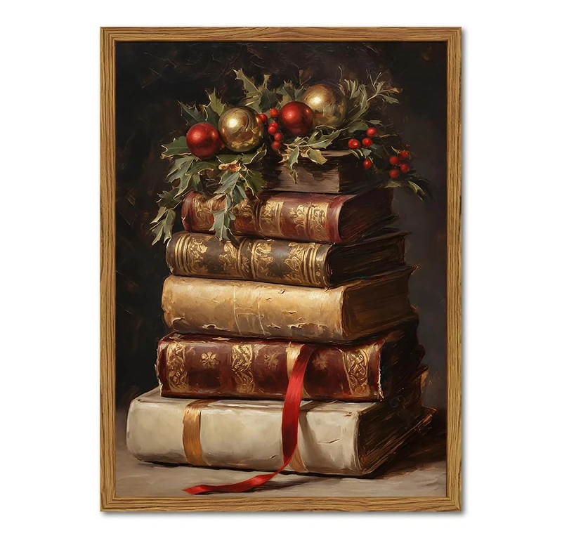Framed Vintage Christmas Canvas Wall Art, Rustic Xmas Book Artwork Wall Decor Paintings, Retro Winter Holiday Pictures Prints Dark Academia Home Decor for Living Room Bedroom Libiary 16×24 inch