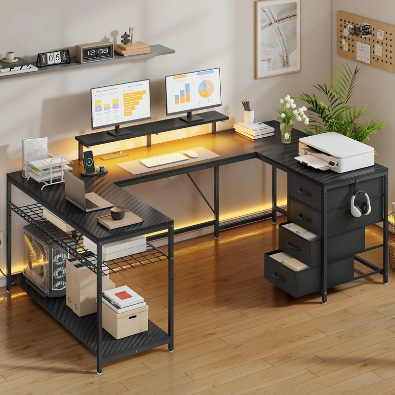 YITAHOME 158×100 cm Corner Desk with Drawers, Reversible L Shaped Computer Desk with LED Lights, U Shaped Gaming Table with Powers Outlets, Work Desk With PC Stand for Home Office Black