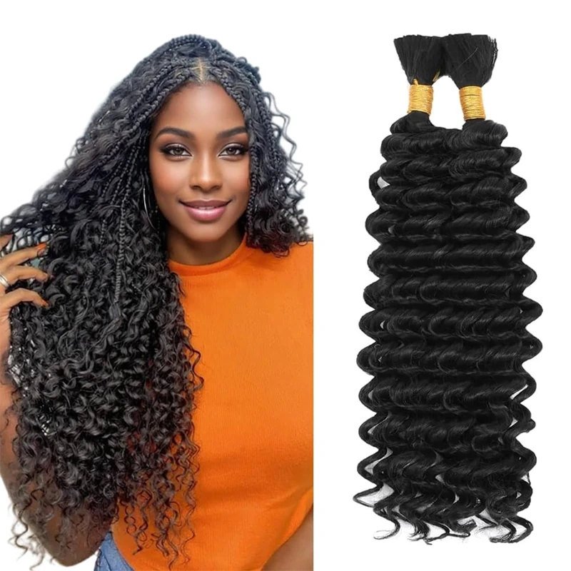 Tuheerst Human Hair Extensions For Boho Braids 22 22 Inch #1B Natural Black Color Deep Wave Knotless Unprocessed Human Hair Braiding For Woman 50g/Bundle Total 100g