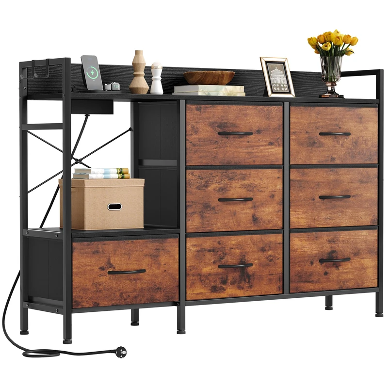 YITAHOME Chest of Drawers Bedroom with 7 Fabric Drawers,Dresser with 2 Sockets 2 USB Ports,TV Cabinet with Side Hooks,Rustic Brown