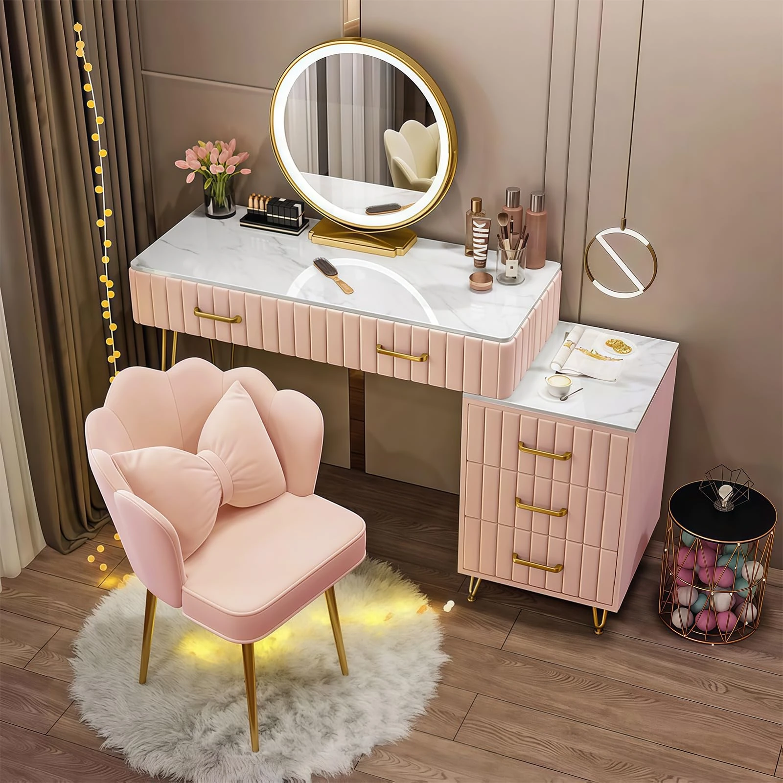VTELGT Velvet Upholstered Dressing Table with Padded Chair, Modern Vanity Desk with LED Mirror, 3 Light Modes, 5 Drawers, Marble Tabletop Makeup Table for Girls Bedroom,Pink