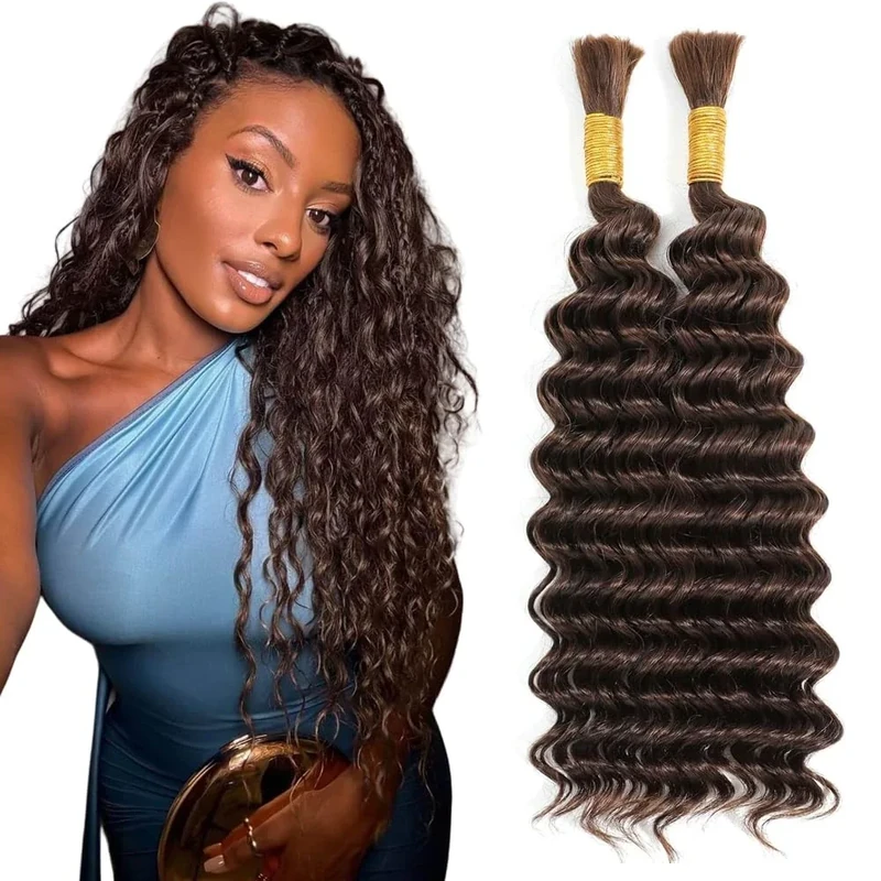 Tuheerst Human Hair Extensions For Boho Braids 22 22 Inch #4 Chocolate Brown Color Wet And Weft Deep Wave Bulk Human Hair Braiding For Woman 50g/Bundle Total 100g