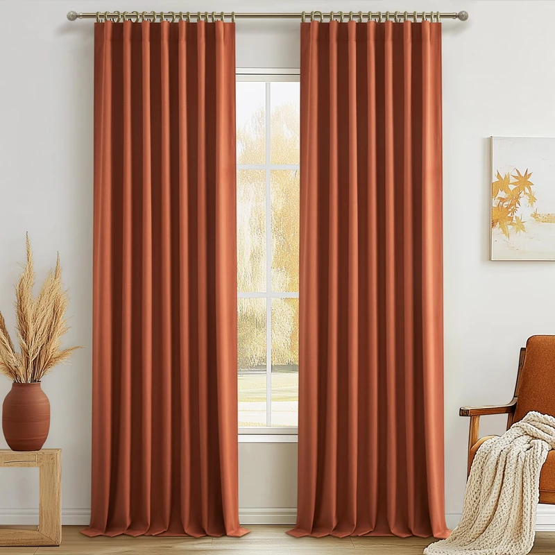 Fall Burnt Orange Curtains Blackout 92 Inches Long 2 Panels Set,Terracotta Autumn Color Decor Retro for Living Room/Bedroom Antique Copper Rust Boho 70s Window Pleated Linen Drapes Thermal (W50"xL92")