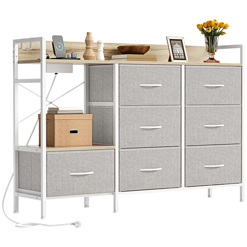 YITAHOME Chest of Drawers Bedroom with 7 Fabric Drawers,Dresser with 2 Sockets 2 USB Ports,TV Cabinet with Side Hooks,Light Gray