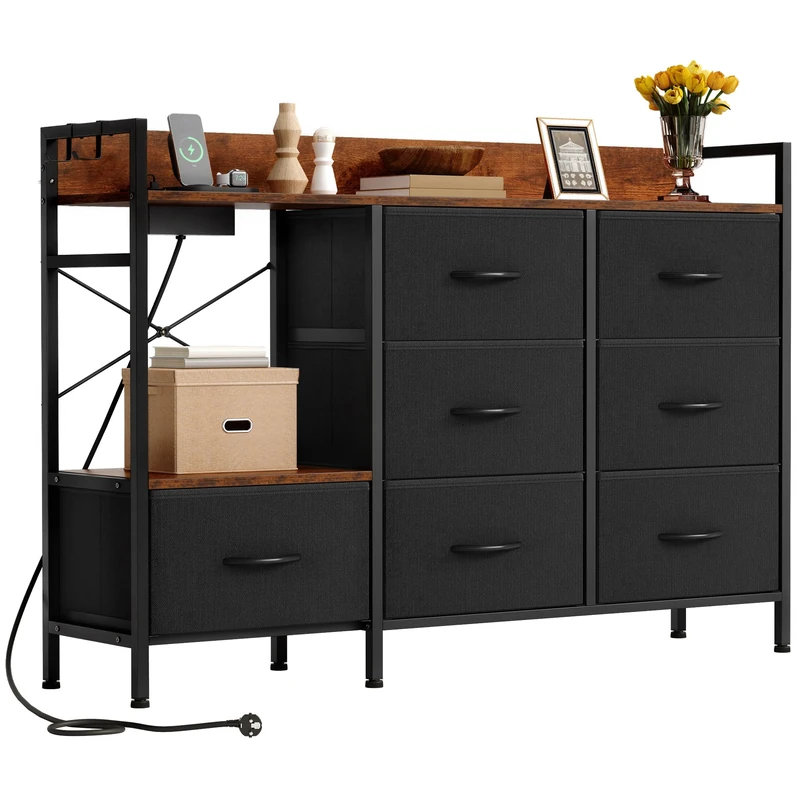 YITAHOME Chest of Drawers Bedroom with 7 Fabric Drawers,Dresser with 2 Sockets 2 USB Ports,TV Cabinet with Side Hooks,Black
