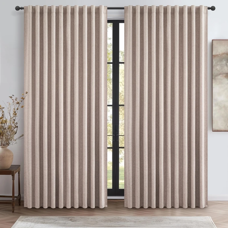 Extra Wide 60 Inch Blackout Curtains 96 Inches Long for Living Room, Rustic Boho Room Darkening Textured Linen Pleated Office Insulated Ceiling Track Large Window Drapes (60"W x 96"L 2 Panels Linen)