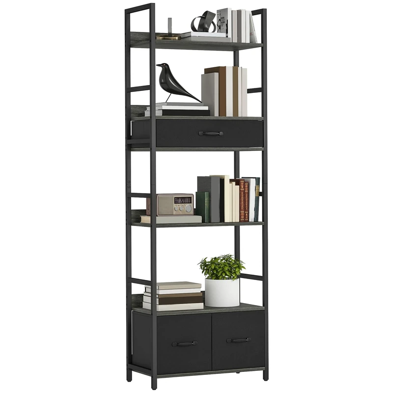 HOMCOM Industrial Bookcase, Tall Bookshelf with 4 Shelves and 3 Fabric Drawers, Storage Shelving Unit with Metal Frame for Living Room, Home Office, Bedroom, Grey