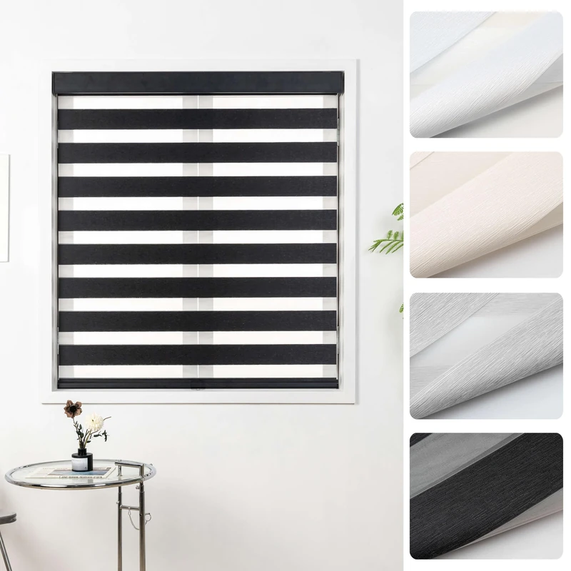 KALYSIE Cordless Zebra Blinds for Windows, Free-Stop Pull Down Roller Window Shades with Valance, Light Filtering Dual Layers Sheer Shades for Home and Office, Black, 30" W x 72" H