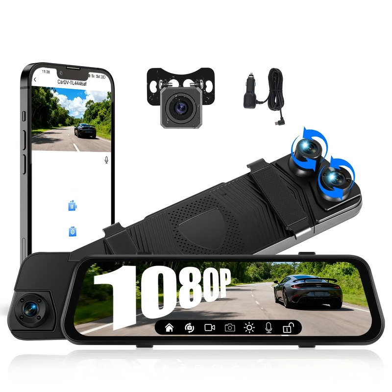 CAMECHO 9.66-Inch 1080P 3 Channel Dash Cam with Rearview Mirror Design, Night Vision Dashcam Front and Rear Inside with WiFi, G-Sensor, Loop Recording, Parking Assistance, Reverse Parking Guidelines