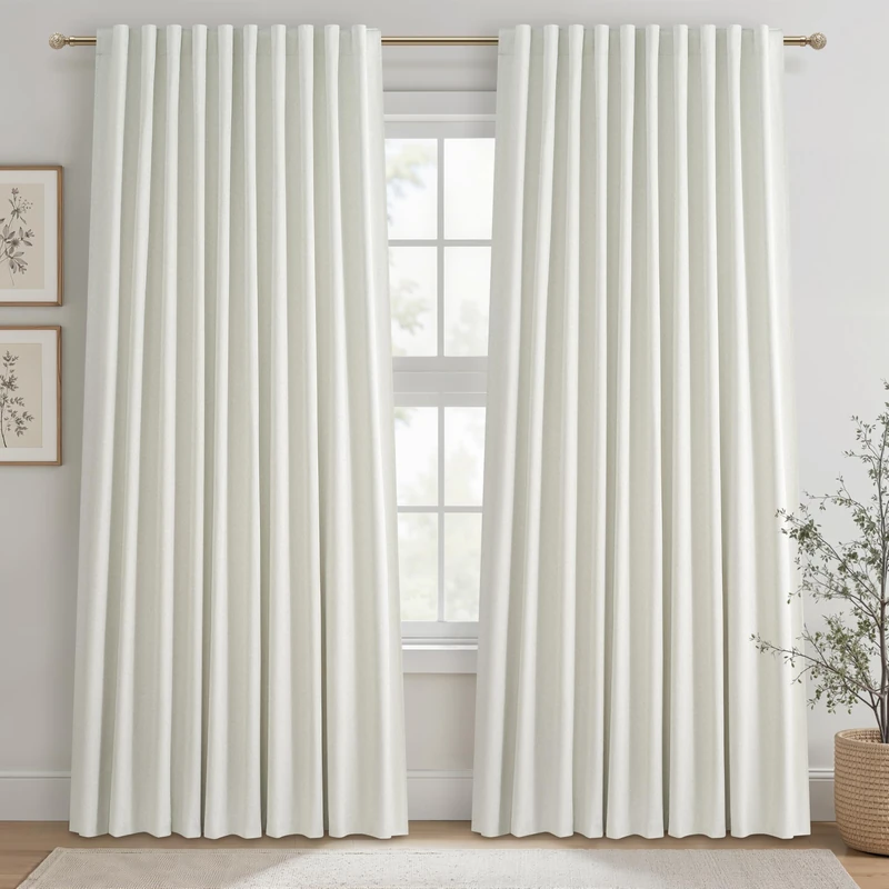 Cute Blackout Curtains 60 Inches Extra Wide Linen 92 Inch Length for Living Room/Sliding Glass Door,Pleated Heavy Duty Thermal Drapes for Winter Thick Large Window(60"Wx92"L 2 Panels Beige White)