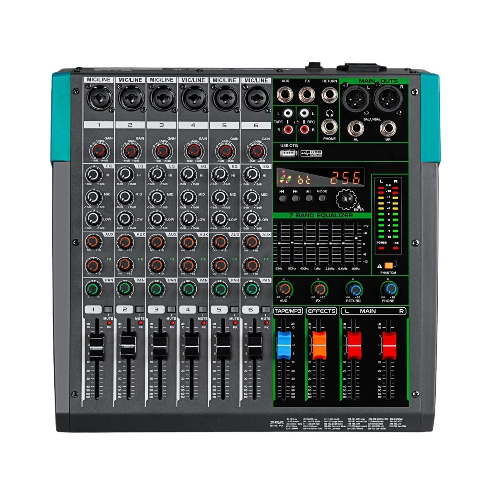 Professional Audio Mixer 6 Channel Sound Board Console DJ Mixing Desk System Interface Built-in 256 Reverb Effect Widely Applicable