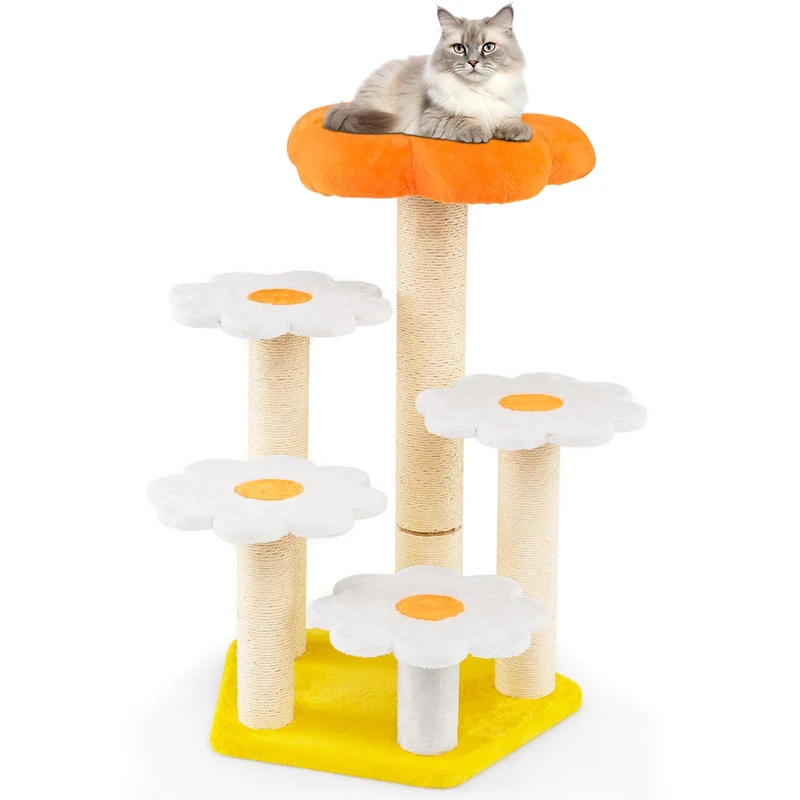 FANTASK Flower Cat Tree, Small Cat Tree with Plush Surface, Sisal Scratching Posts & Platforms, Multi-Level Activity Centre, Indoor Cat Furniture (Orange)