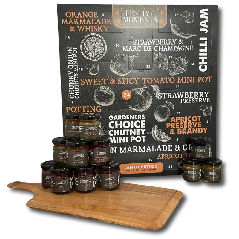 Luxury Gourmet Food Advent Calendar – 24 Mini Jars of Jam, Chutney For Cheese & Marmalade – Festive Moments Preserves Gift Hamper for Christmas – Unique Gourmet Countdown Gift