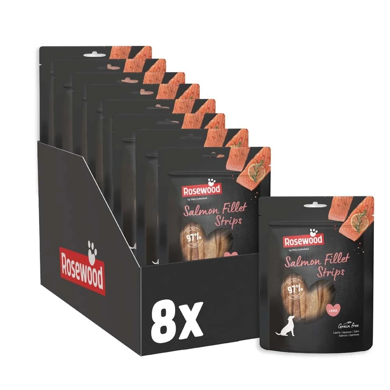 Rosewood Salmon Fillet Strips Large - Soft Dog Treat with 97% Salmon, High in Protein and Low in Fat, Grains and Gluten, No Artificial Additives, Pack of 8, 8 x 150 g