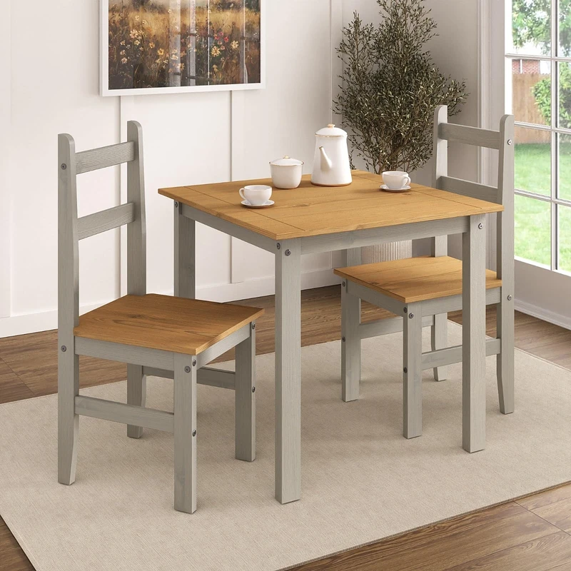 Mews Corona Dining Table Set 2 Seater Grey Solid Mexican Pine Wood Dining Table With 2 Chairs