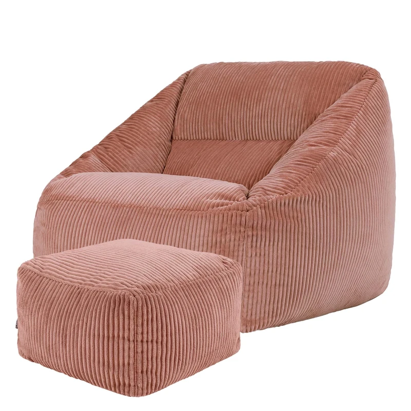 icon Natalia Cord Bean Bag Chair with Footstool, Dawn Pink, Large Adult Bean Bag with Filling Included, Comfy Chair, Armchair, Living Room, Living Room Furniture, Bedroom Furniture