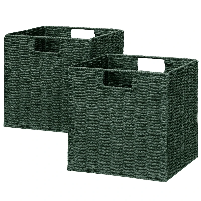 Vagusicc Wicker Storage Basket, Set of 2 Hand-Woven Paper Rope Wicker Basket, Foldable Cube Storage Bins, Square Large Storage Baskets for Organizing Shelves & Decor, Orange (13″×13″×13″)