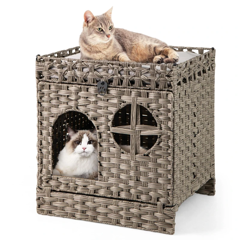 GYMAX Foldable Rattan Cat Litter Box Enclosure, 2-tier Wicker Hidden Kitten Condo with Cat Litter Mat, Washable Soft Cushion and Flip-down Door, Indoor Pet Furniture for Living Room Bedroom