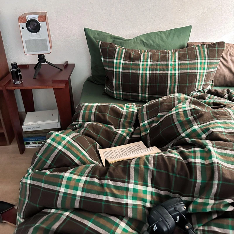 LifeTB Vintage Buffalo Plaid Duvet Cover King 100% Washed Cotton Brown & Green Checked Duvet Cover Set Modern Plaid 3 Piece Grid Bedding Set Super Soft Breathable Comforter Cover with Zipper Closure