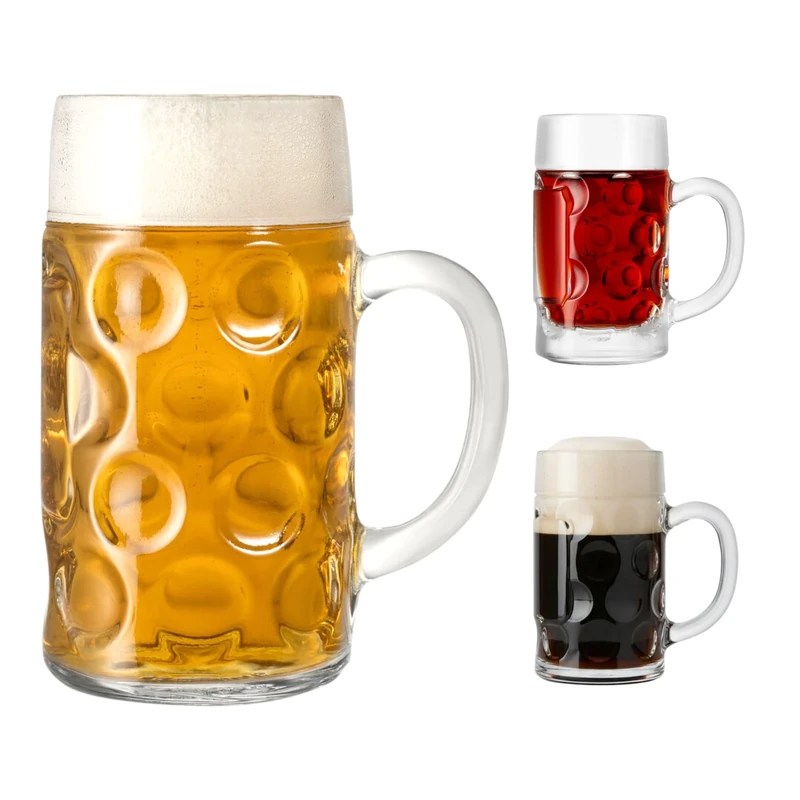 Chabrias Ltd German Beer Stein Glass 2 Pint Capacity + 2 Free Mini Shot Tankard | Classic Beer Tankard Mug for Oktoberfest, Authentic Bavarian Style Drinking Glassware, Durable Steins & Gift Idea