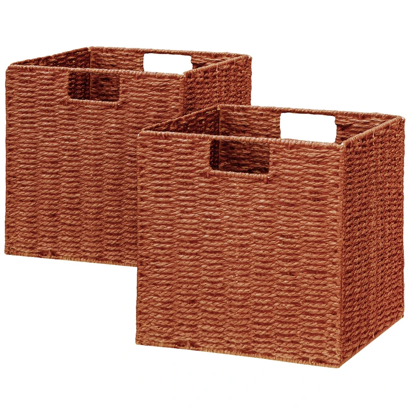 Vagusicc Wicker Storage Basket, Set of 2 Hand-Woven Paper Rope Wicker Basket, Foldable Cube Storage Bins, Square Large Storage Baskets for Organizing Shelves & Decor, Orange (13″×13″×13″)