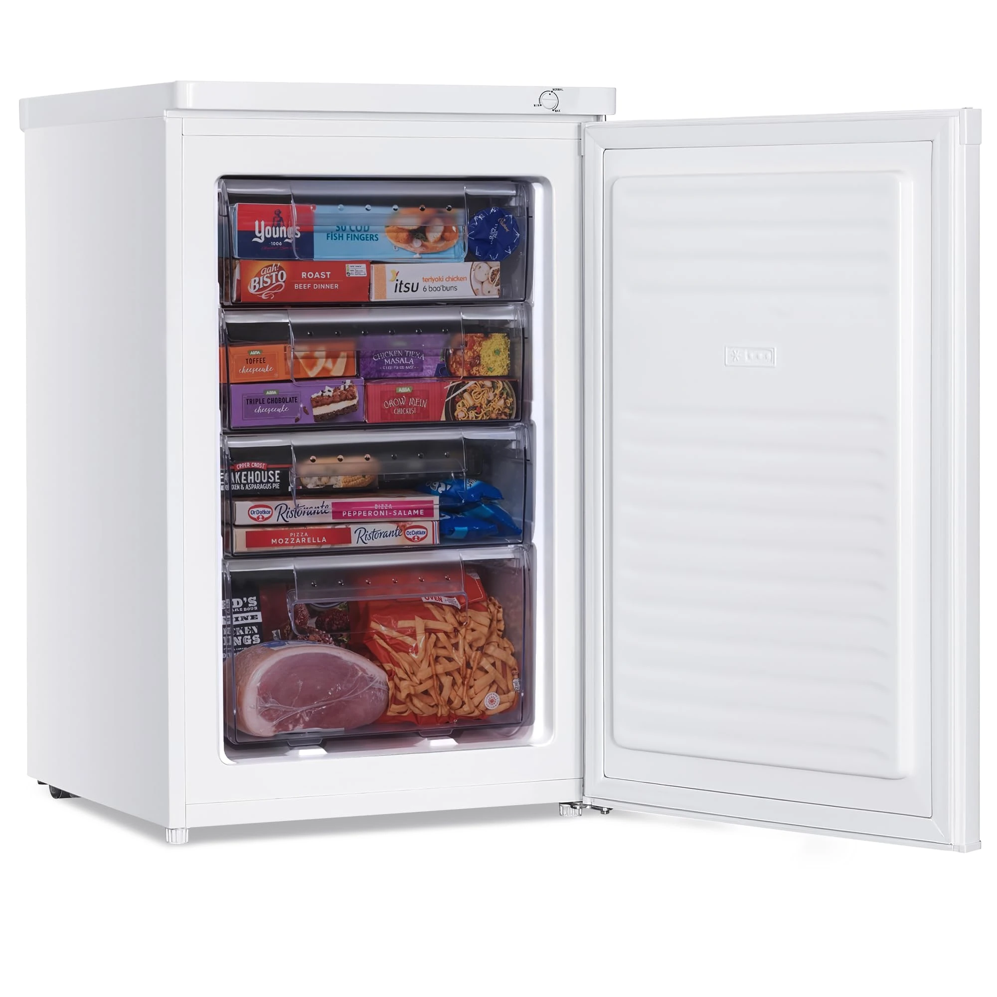Teknix LBF085H Freestanding Undercounter Freezer - 55cm Width - 90 Litre Capacity - 4 Large Compartments - 4 Star Freezer Rating - White