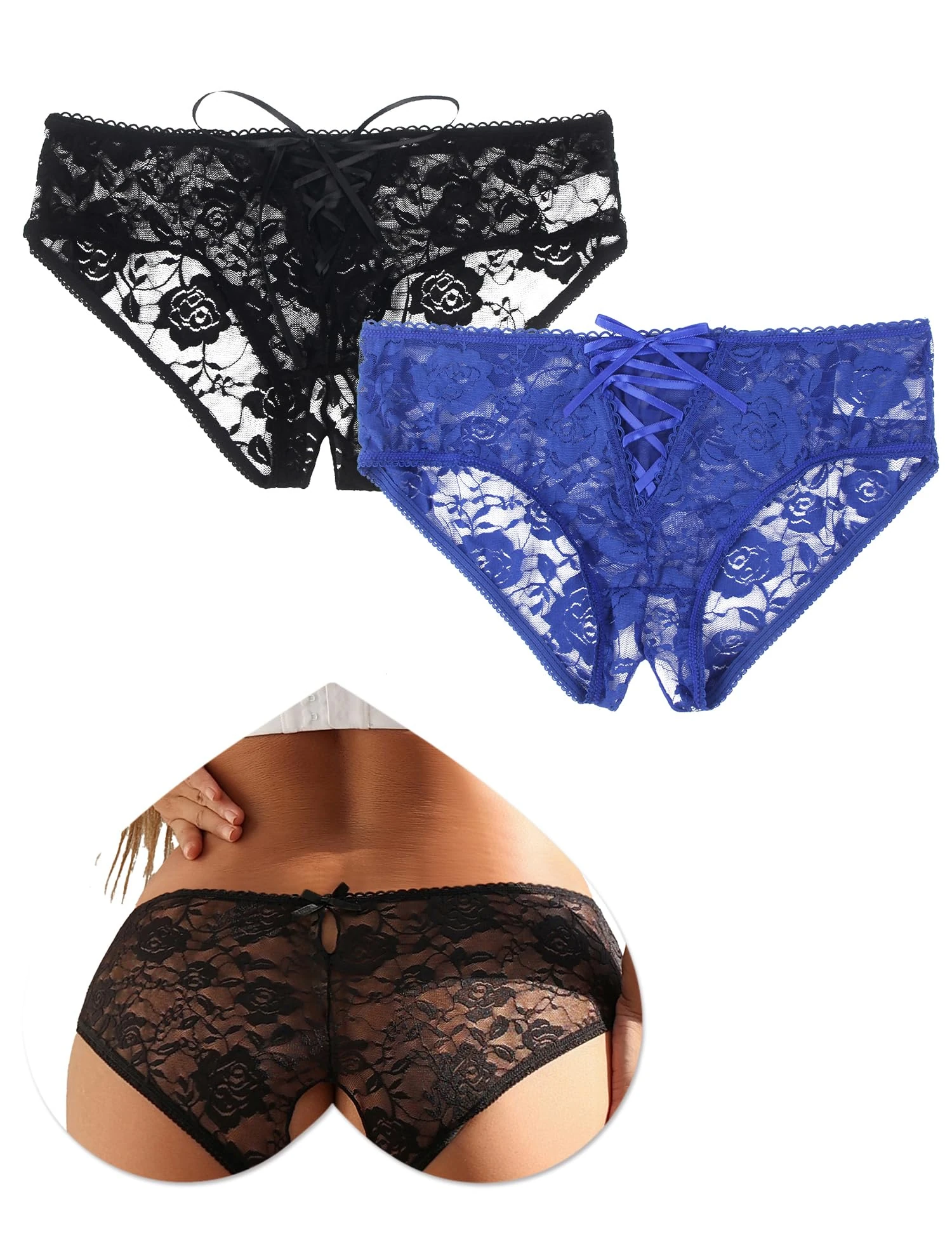 ohmydear Lace Thongs for Women Sexy Underwear Sheer Knickers Adjustable Criss Cross G-Strings Plus Size Ladies Panty Keyhole Panties Bikini Briefs, UK 20-22