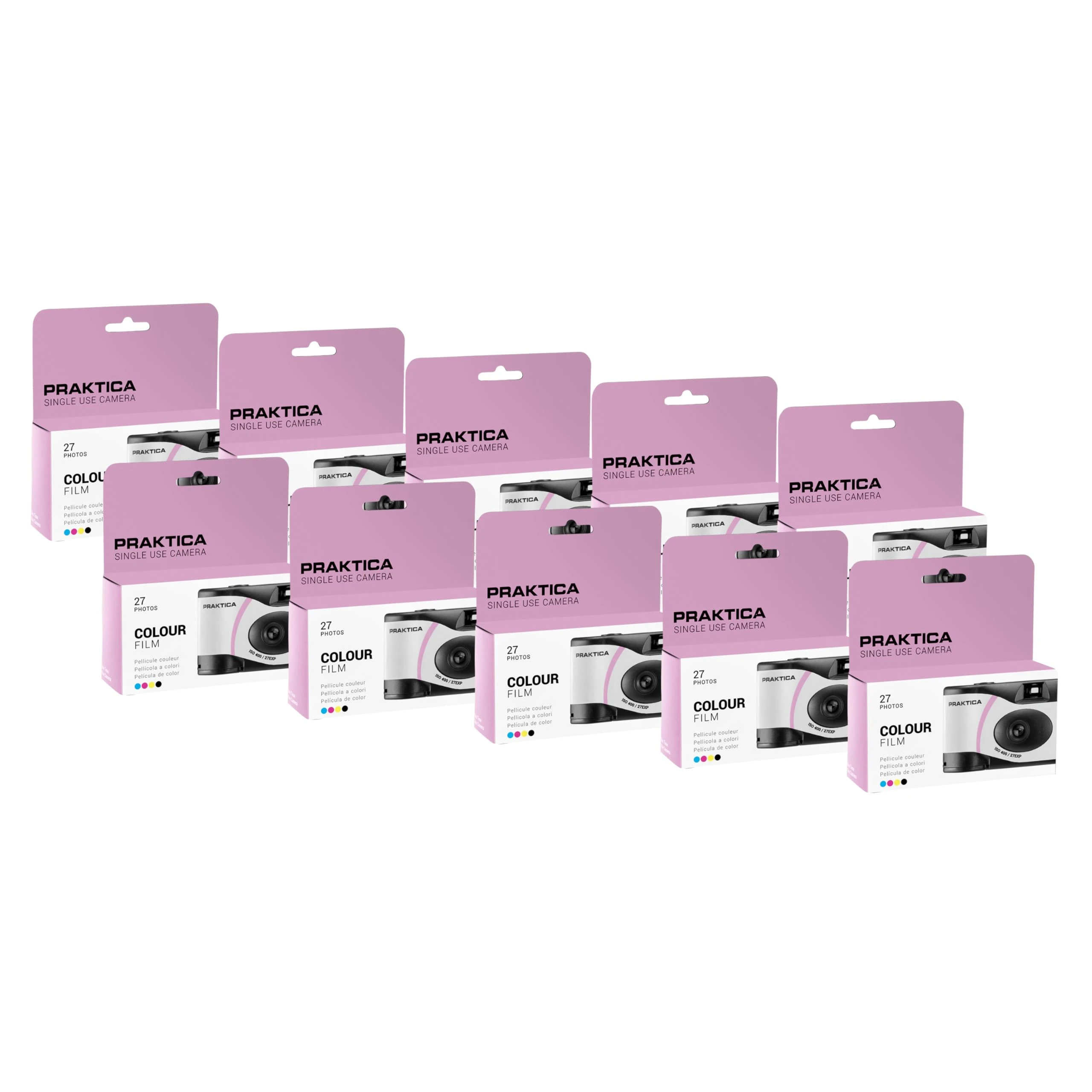 Praktica Single Use Disposable Camera Pink 27 Shots Colour Film - Pack of 10 for weddings, gatherings, travel & more