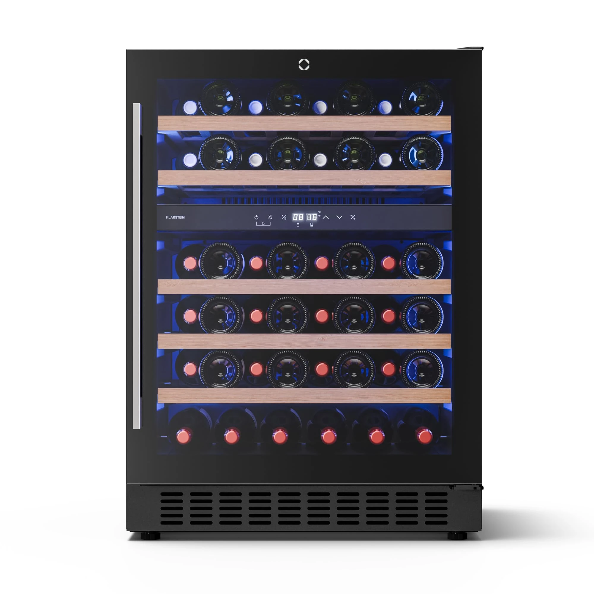 KLARSTEIN Illuminosa Under Counter Wine Fridge - 46 Bottle, Dual Zone, 5-22°C, Touch Control, LED, UV Glass, Quiet 39 dB, Beech Shelves, Built-In Wine Cooler