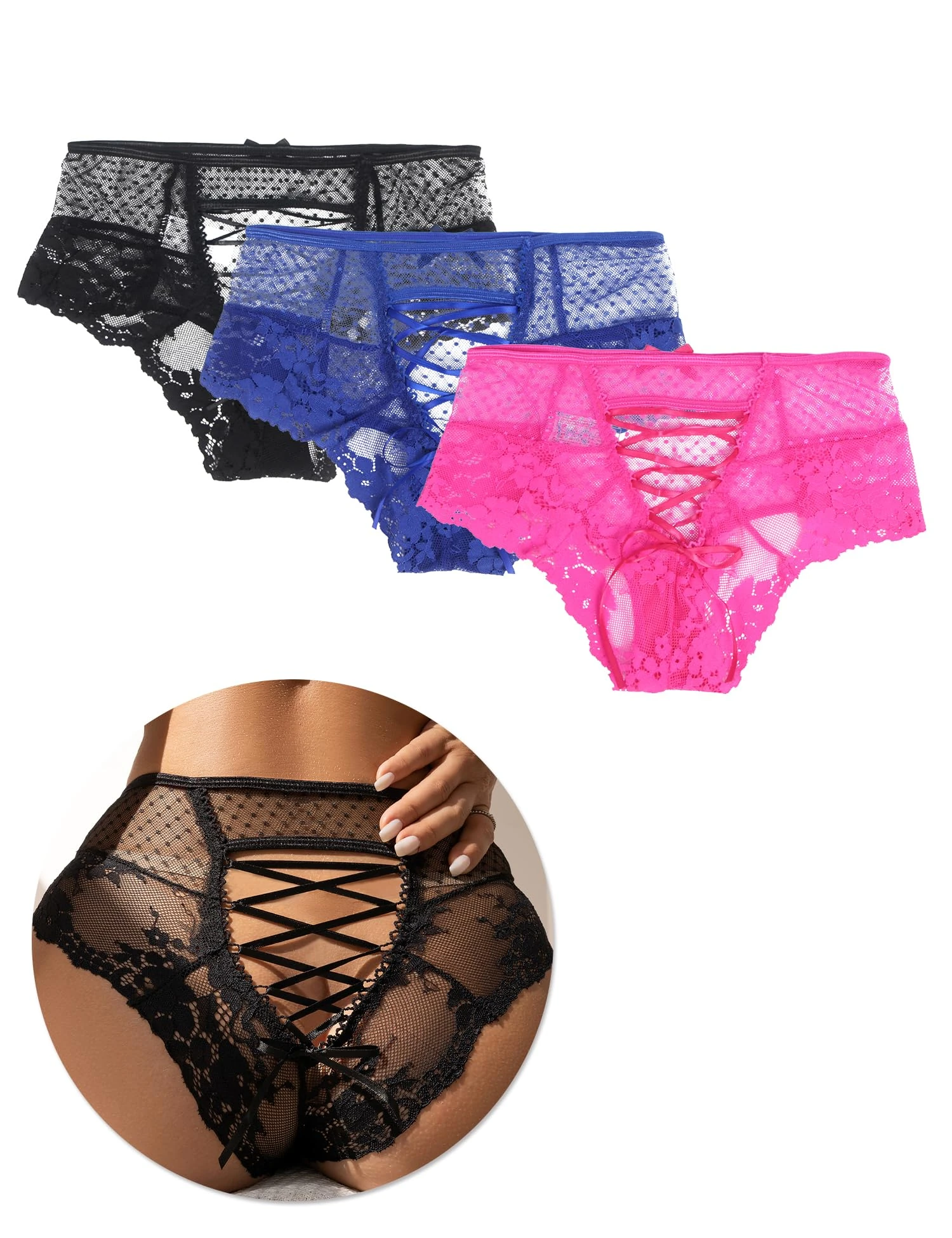 ohmydear Women's Knickers Multipack Lace Thong Sexy Panties Plus Size Criss Cross Underwear High Waist Knickers Cute G String Hollow Out Bikini Briefs, UK 20