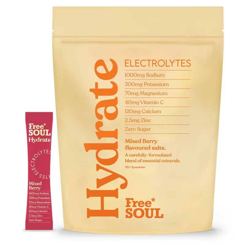 Free Soul Hydrate | Electrolyte Hydration Sachets | Zero Sugar | 30 Sachets | Advanced Electrolyte Powder with Sodium, Magnesium, Vitamin C | Mixed Berry Flavour