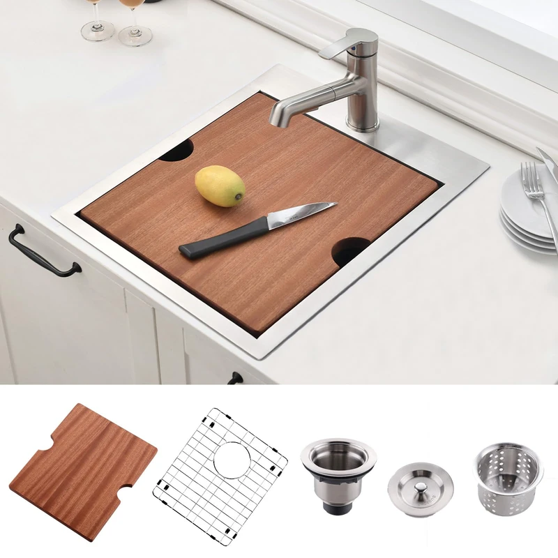 21 x 20 Inch Drop in Bar Sink, 21 Inch Single Bowl Top Mount Workstation Small Kitchen Sink, 16 Gauge Stainless Steel Outdoor Laundry RV Prep Basin with Cutting Board & Accessories