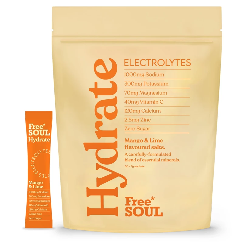 Free Soul Hydrate | Electrolyte Hydration Sachets | Zero Sugar | 30 Sachets | Advanced Electrolyte Powder with Sodium, Magnesium, Vitamin C | Mango & Lime Flavour