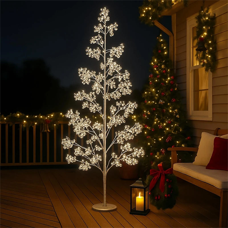 Xmas Haus 210CM Outdoor LED Christmas Tree with Silver Balls Festive Light 1200 Warm White LEDs, Copper Wire, Resin Base, 5M Cable & IP20 Transformer, Timer, Holiday Decoration