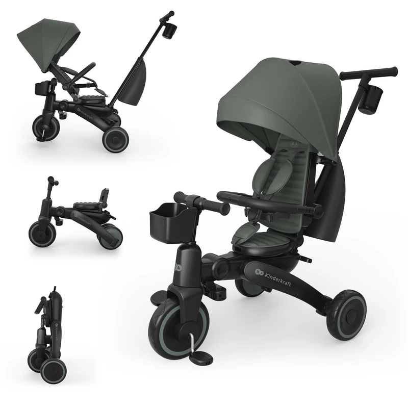 Kinderkraft JAZZ 3 Tricycle Bike, 360° Rotating Seat, Reclining Seat, Foldable Frame, UPF 50+ Canopy, Parent Control Handle, Balance Bike Function, Green