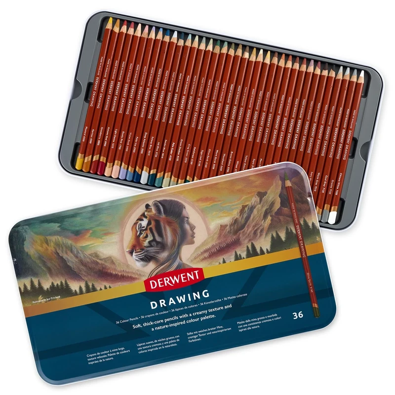 Derwent Drawing Pencils, Set of 36 in Tin, 5mm Round Core, Premium Core Strength, Creamy Texture, Ideal For Fine Art Drawing & Colouring, Professional Quality, 2306557