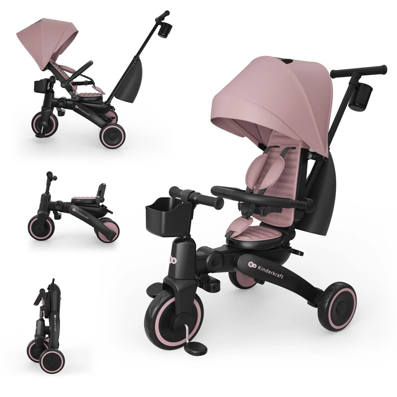 Kinderkraft JAZZ 3 Tricycle Bike, 360° Rotating Seat, Reclining Seat, Foldable Frame, UPF 50+ Canopy, Parent Control Handle, Balance Bike Function, Pink