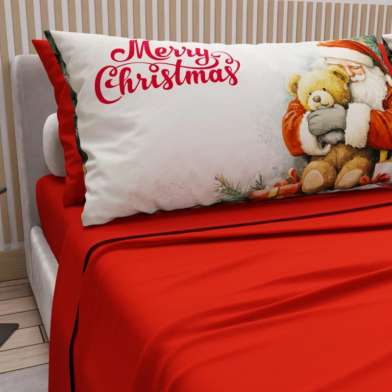 PETTI Italian Artisans - Cotton Sheets with Christmas Digital Print Pillowcases, French Queen Size Christmas Sheets, Christmas Bed Set, Xmas 12 Red, 100% Made in Italy