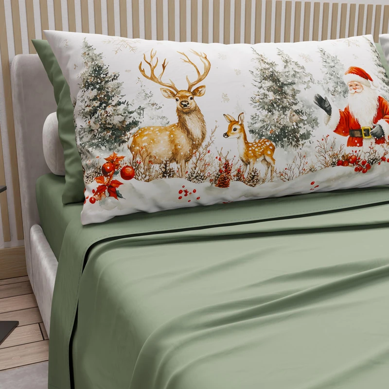 PETTI Italian Artisans - Cotton Sheets with Christmas Digital Print Pillowcases, Double Christmas Sheets, Maxi Double Bed Set, Xmas 17 Green, 100% Made in Italy