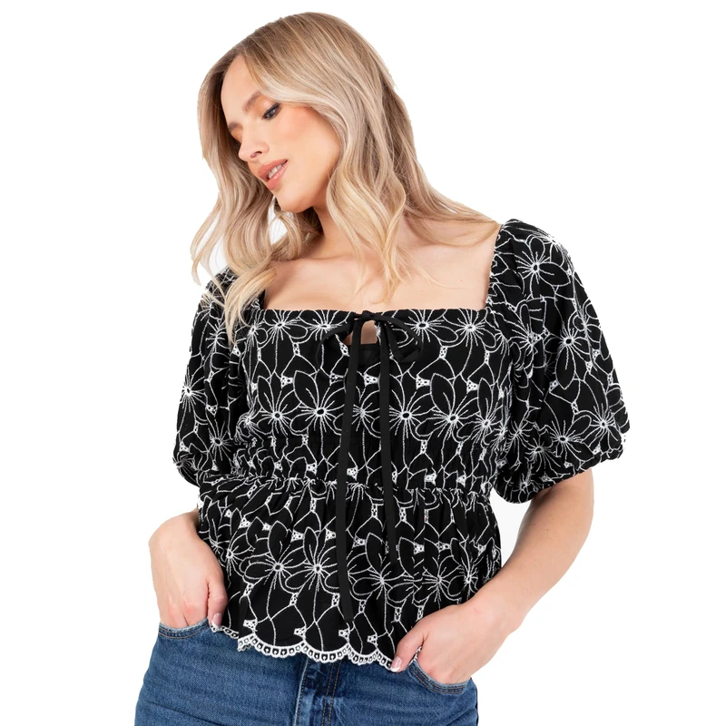 Lovedrobe Women's Milkmaid Blouse Ladies Peasant Top Square Neck Short Puff Sleeve Broderie Anglaise Elasticated Waist Boho Peplum, Black 12