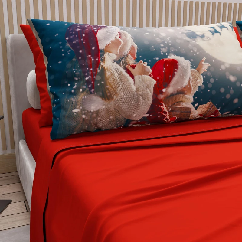 PETTI Italian Artisans - Cotton Sheets with Christmas Digital Print Pillowcases, Christmas Queen Size Sheets, Christmas Bed Set, Xmas 20 Red, 100% Made in Italy