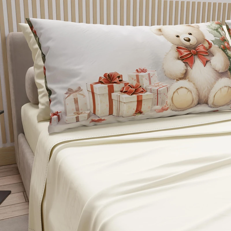 PETTI Italian Artisans - Cotton Sheets with Christmas Digital Print Pillowcases, Christmas Queen Size Sheets, Christmas Bed Set, Teddy Bear 01 Cream, 100% Made in Italy