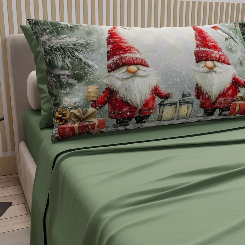 PETTI Italian Artisans - Cotton Sheets with Christmas Digital Print Pillowcases, French Queen Size Christmas Sheets, Christmas Bed Set, Gnome 02 Green, 100% Made in Italy