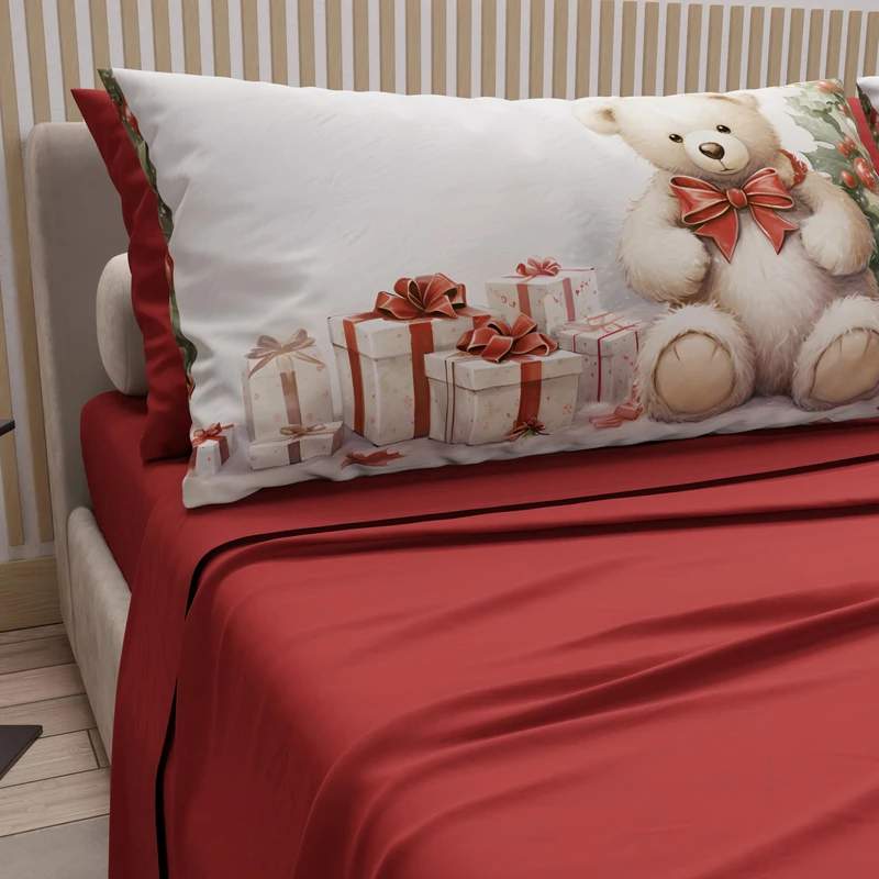 PETTI Italian Artisans - Cotton Sheets with Christmas Digital Print Pillowcases, French Queen Size Christmas Sheets, Christmas Bed Set, Bordeaux Teddy Bear, 100% Made in Italy