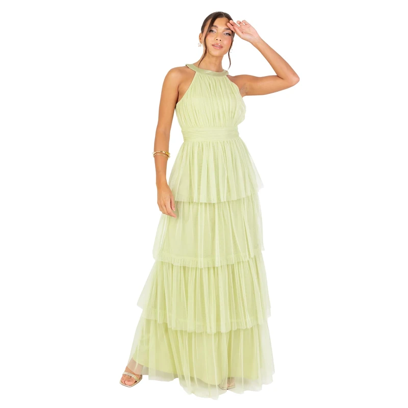 Anaya with Love Women's Maxi Dress Ladies Sleeveless Halterneck Tulle Tiered Ruffle A-line Bridesmaid Wedding Guest Prom Ball Gown, Spring Green 18