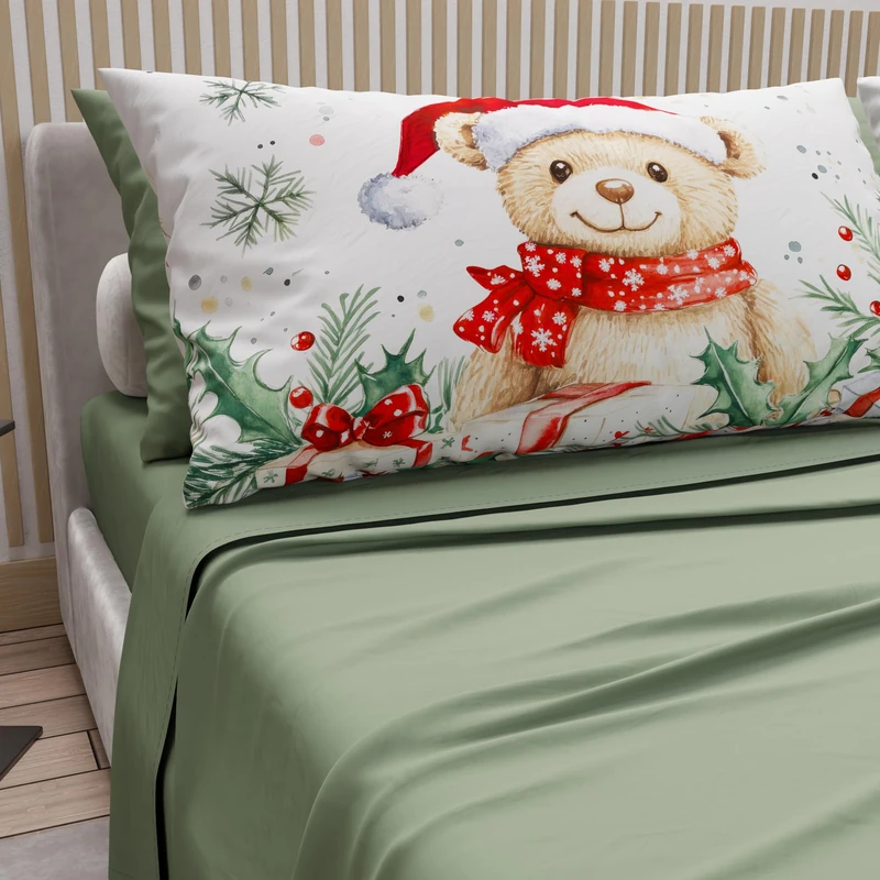PETTI Italian Artisans - Cotton Sheets with Christmas Digital Print Pillowcases, French Queen Size Christmas Sheets, Christmas Bed Set, Xmas 16 Green, 100% Made in Italy