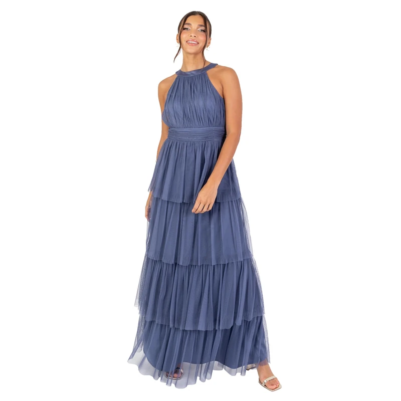 Anaya with Love Women's Maxi Dress Ladies Sleeveless Halterneck Tulle Tiered Ruffle A-line Bridesmaid Wedding Guest Prom Ball Gown, Indigo Blue, 16