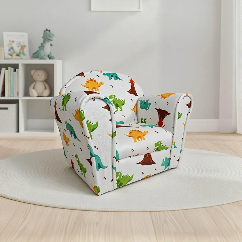 Kidsaw Kids Dinosaur Themed Children's Armchair Toddler Chair - Wood Frame - Thick Padding - Soft Upholstered Toddler Seating for Bedroom or Playroom (Dinosaur Light Grey) - Image 1